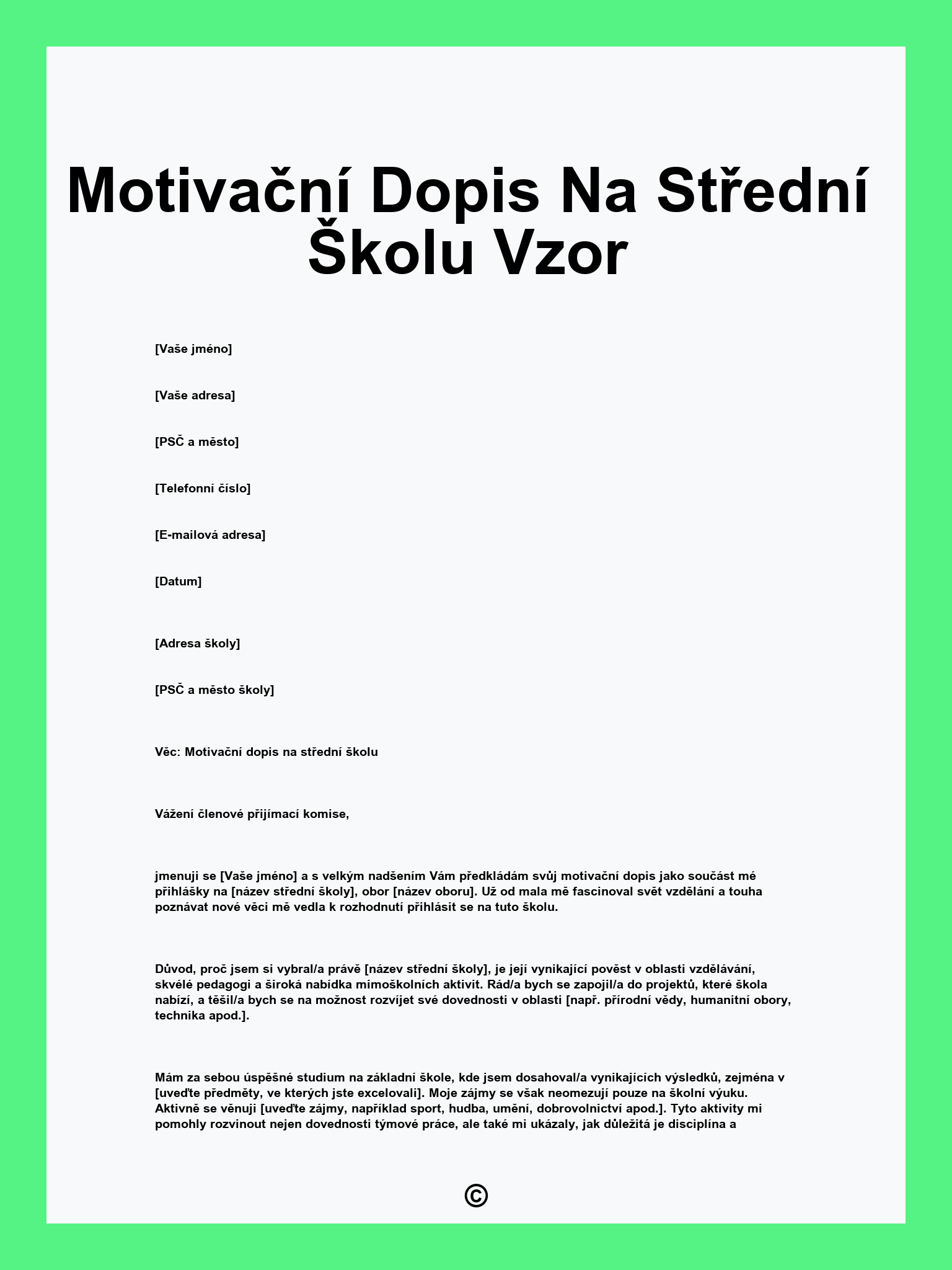 Motivační Dopis Na Střední Školu Vzor