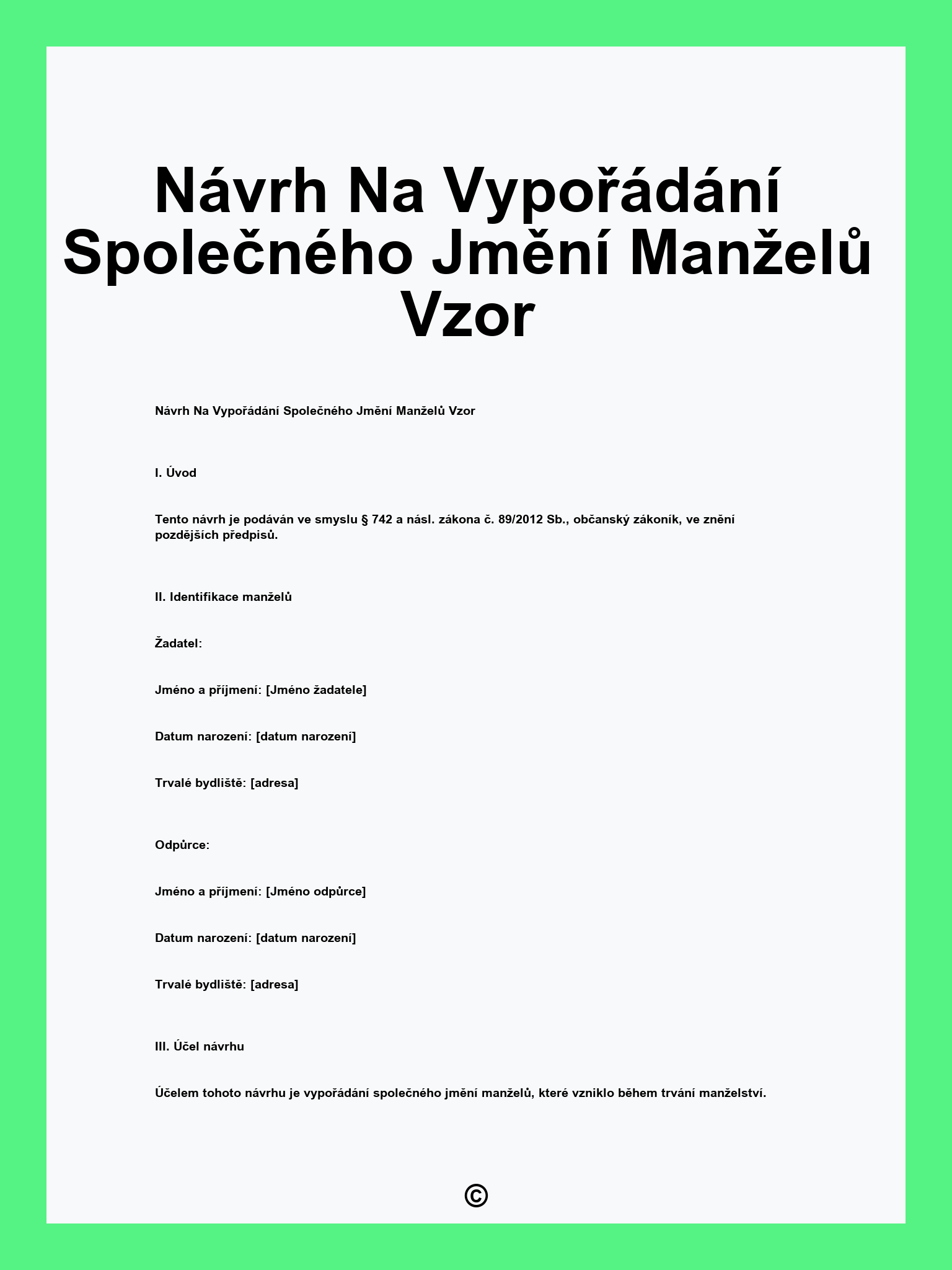 Návrh Na Vypořádání Společného Jmění Manželů Vzor