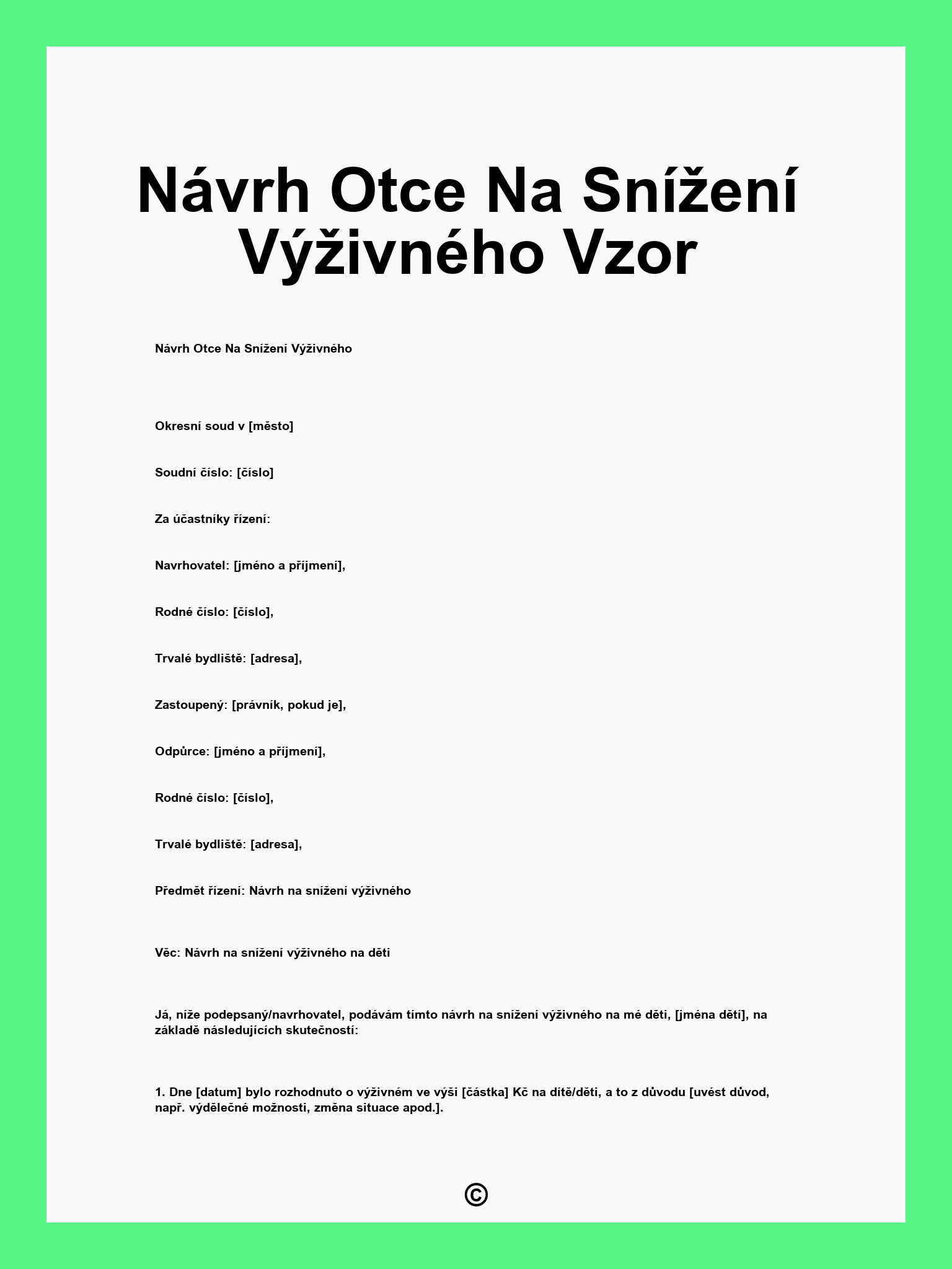 Návrh Otce Na Snížení Výživného Vzor