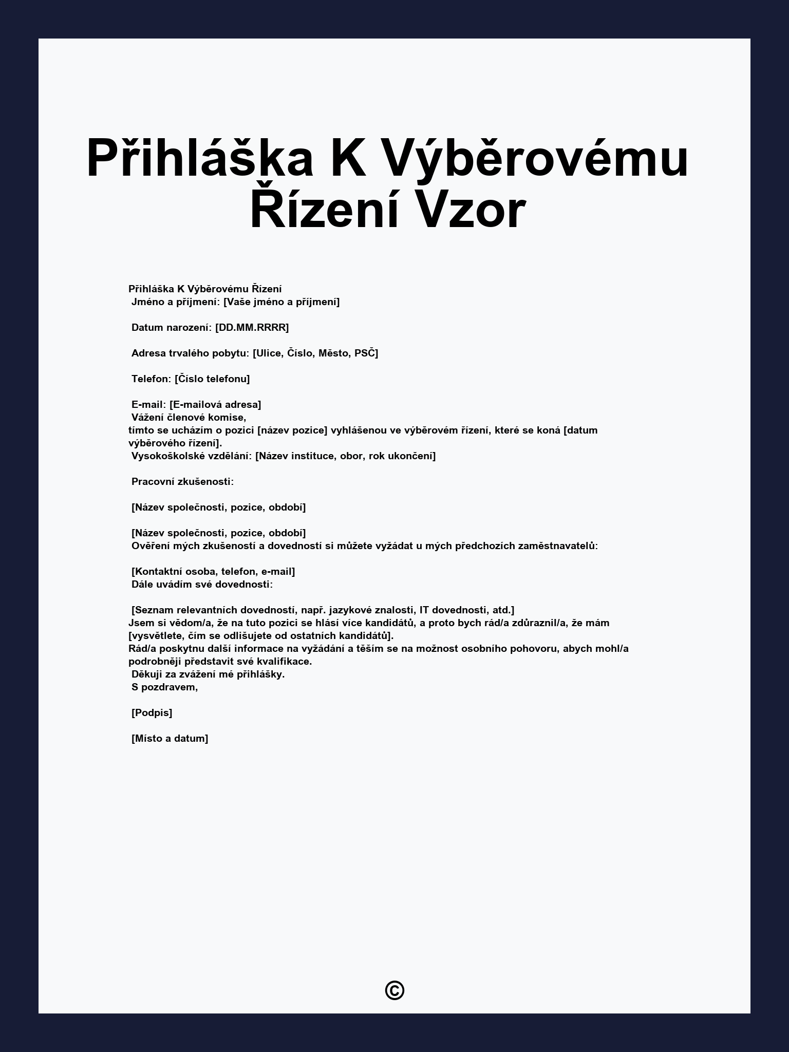 Přihláška K Výběrovému Řízení Vzor