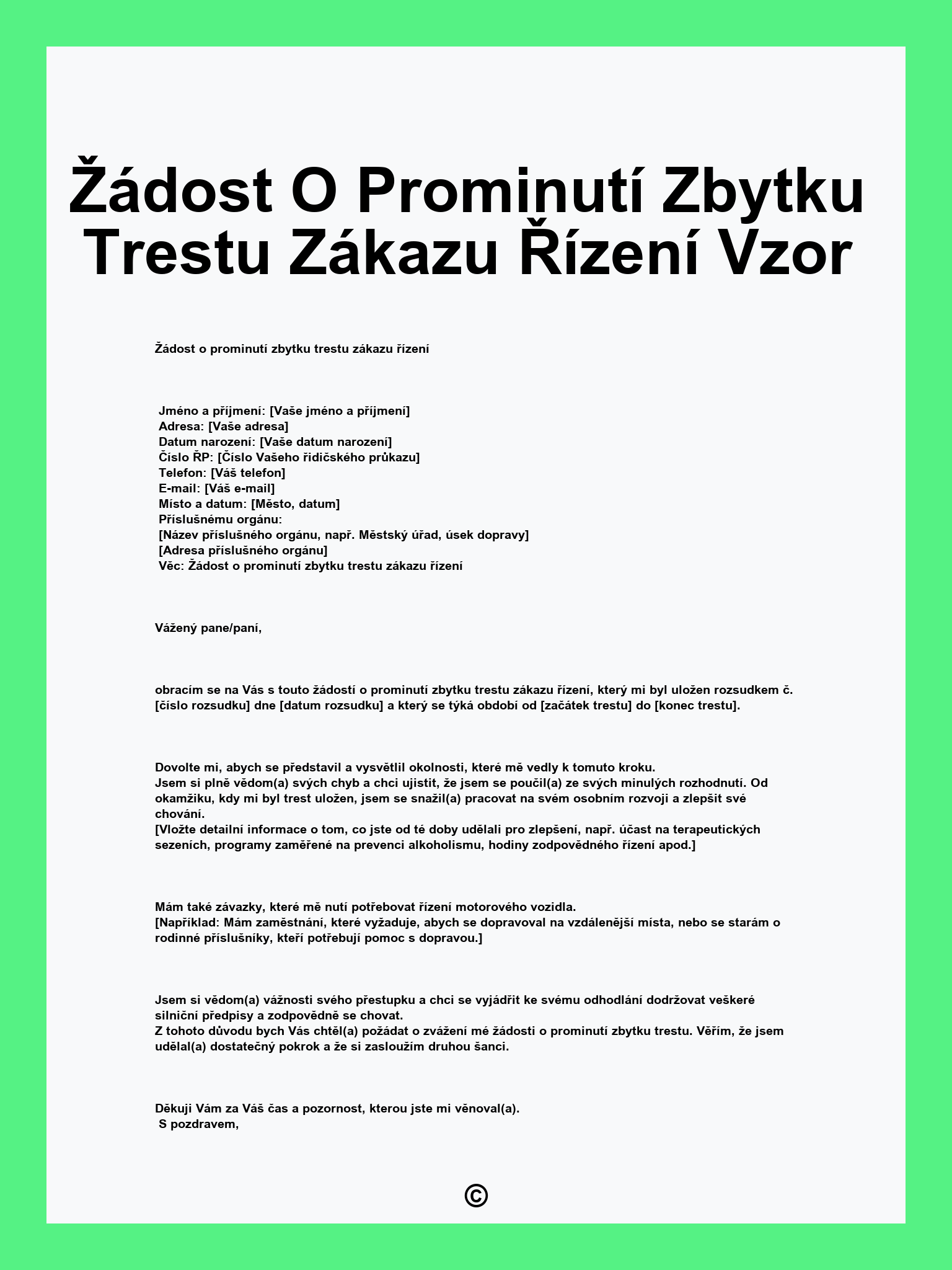 Žádost O Prominutí Zbytku Trestu Zákazu Řízení Vzor
