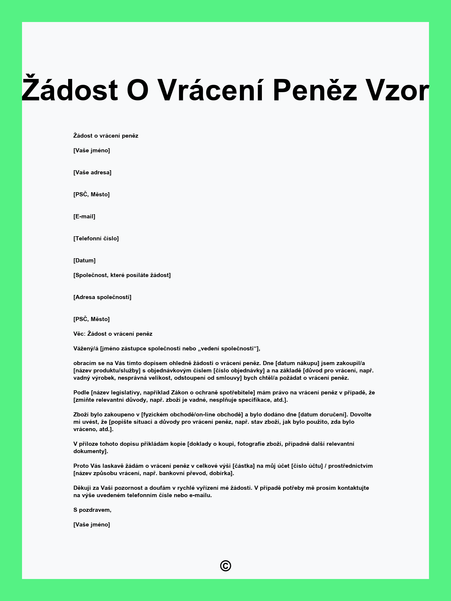 Žádost O Vrácení Peněz Vzor