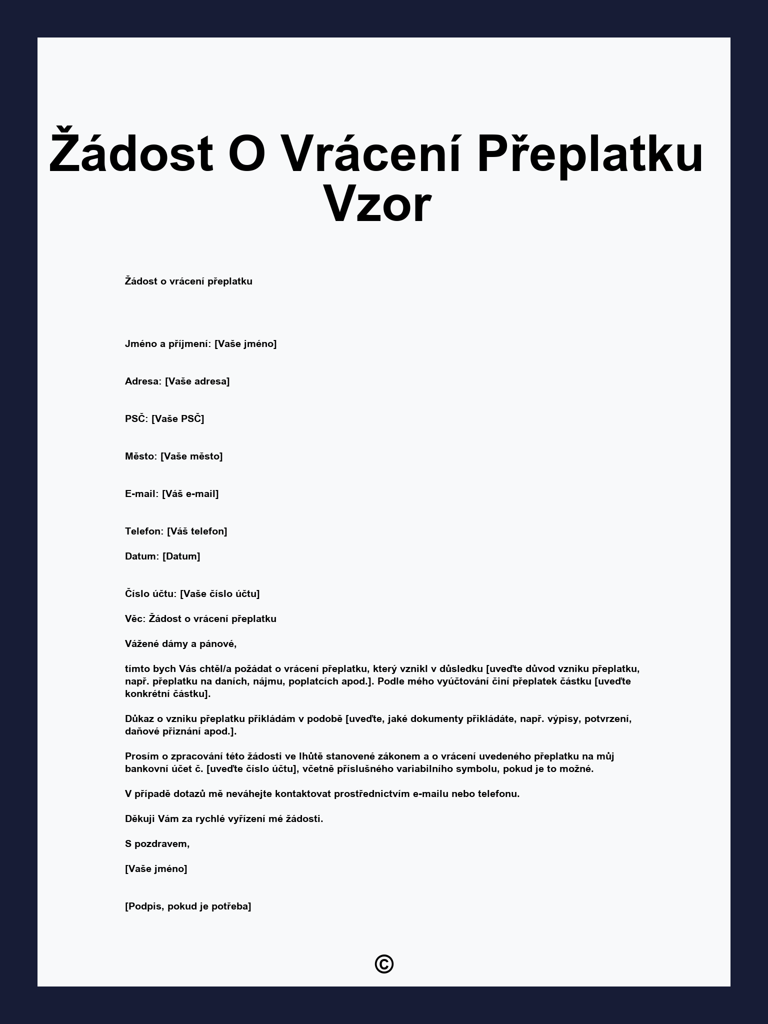 Žádost O Vrácení Přeplatku Vzor