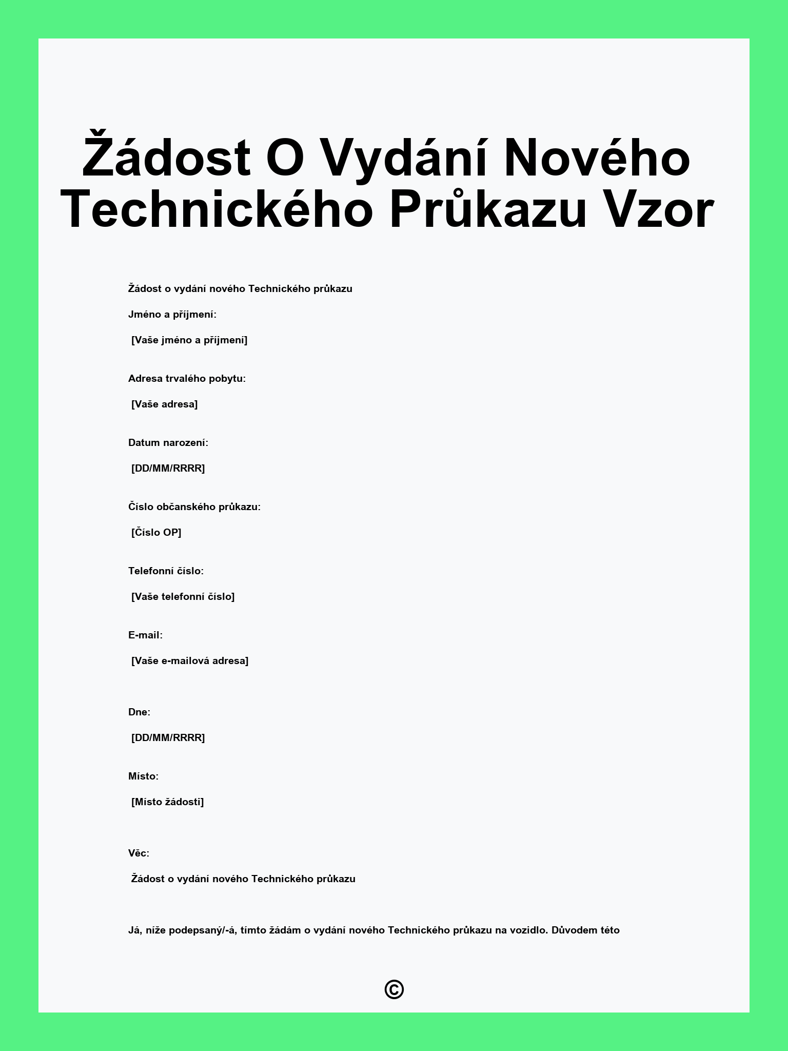 Žádost O Vydání Nového Technického Průkazu Vzor
